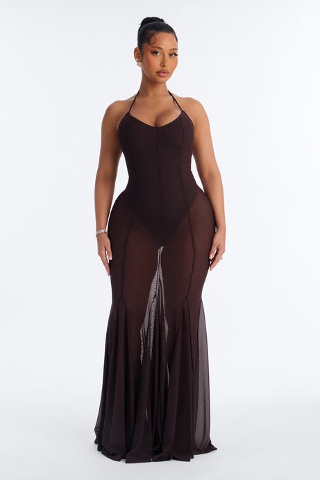 Power Mesh V Neck Halter Maxi Dress - Chocolate
