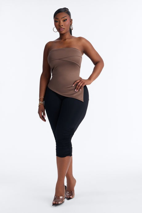 Contour Double Lined Asymmetrical Split Tube Top - Brown
