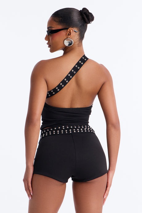 Admit One Studded Grommet Halter Short Set - Black