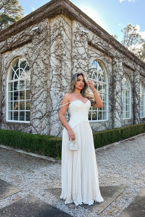 Daniella Lace Corset Pleated Maxi Dress - Cream