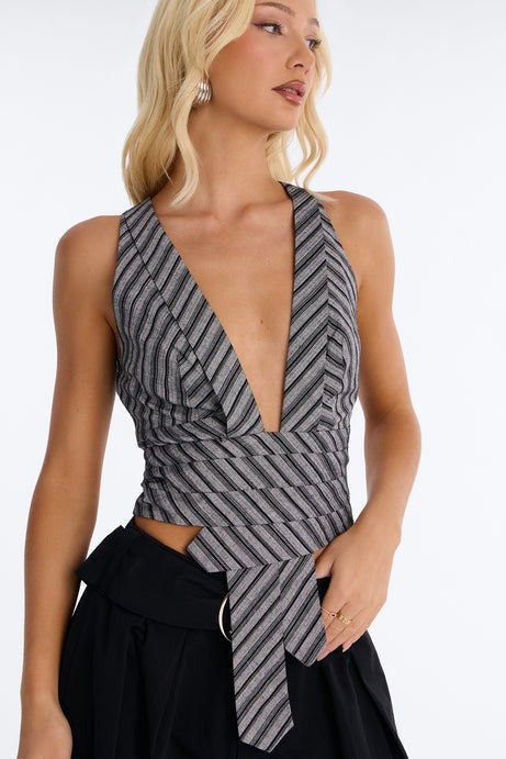 Savage Mind Striped Linen Top - Grey/combo