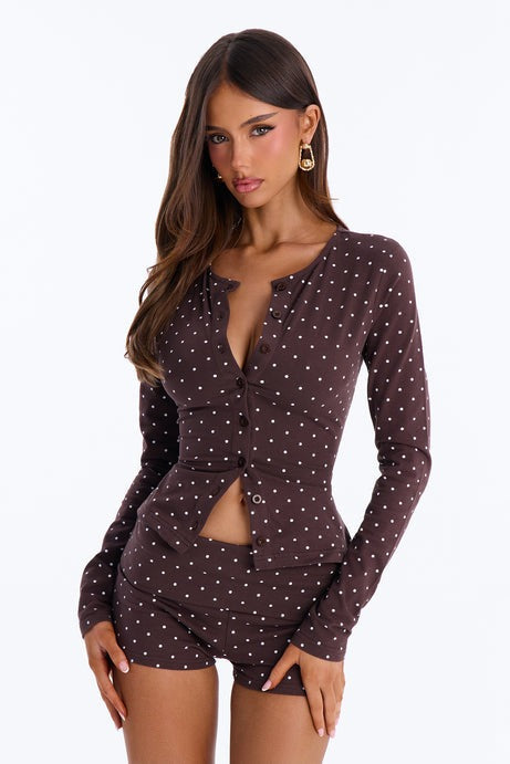 Madeline Polka Dot Button Up Knit Top - Brown/combo