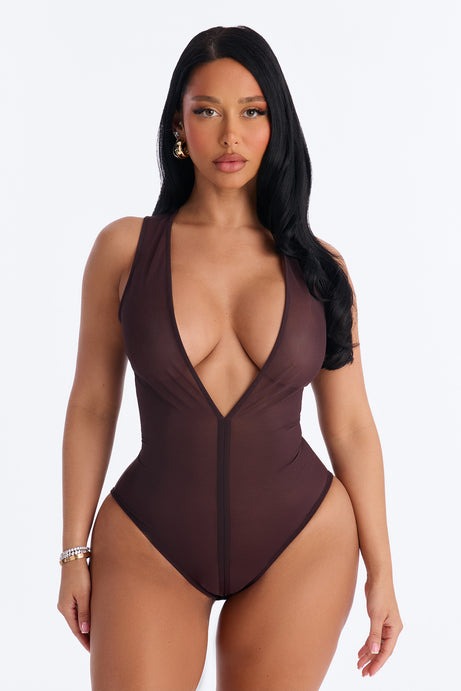 Power Mesh Deep V Neck Sleeveless Bodysuit - Chocolate