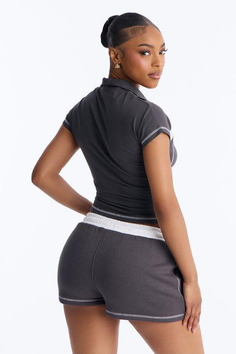 Running The Game Zip Front Short Set - Charcoal