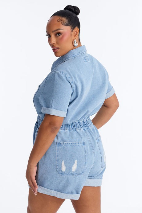 Victoria Light Wash Denim Romper - Light Wash