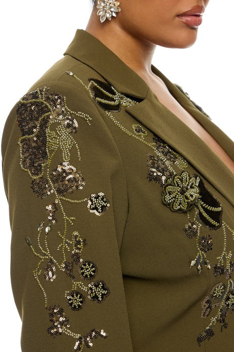 Indie Embellished Blazer Pant Set - Olive