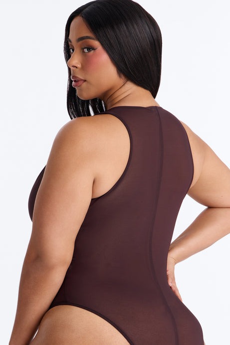 Power Mesh Deep V Neck Sleeveless Bodysuit - Chocolate
