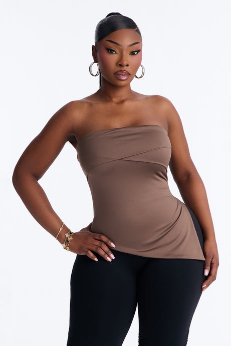 Contour Double Lined Asymmetrical Split Tube Top - Brown