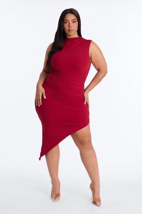 Second Skin Double Lined Ruched Slit Midi Dress - DarkRed