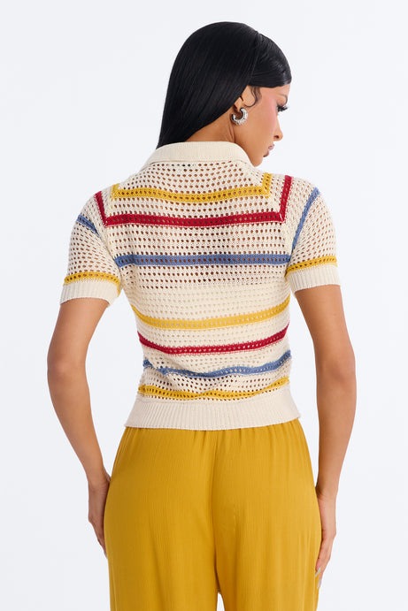 Clear Skies Crochet Polo Top - Natural/Combo