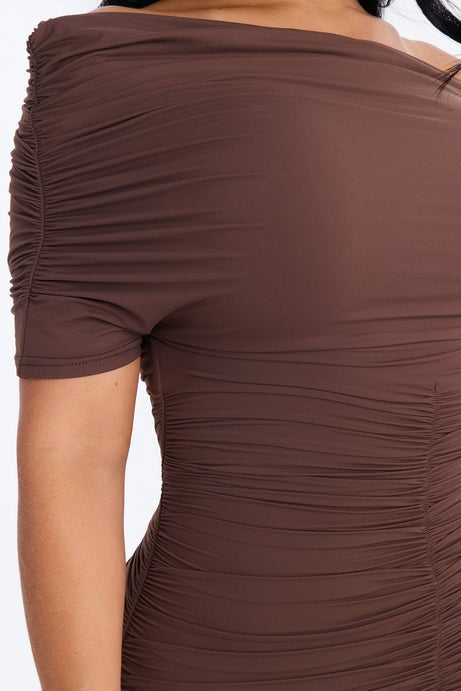 Second Skin Double Lined Off Shoulder Ruched Mini Dress - Chocolate