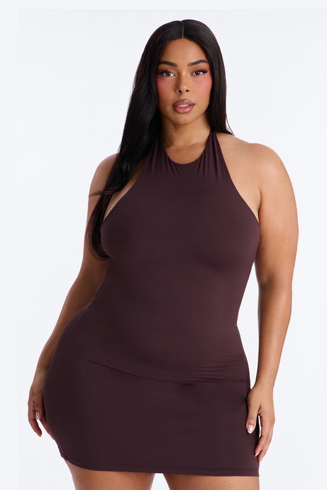 Second Skin Bra Pad Sleeveless Halter Mini Dress - Chocolate
