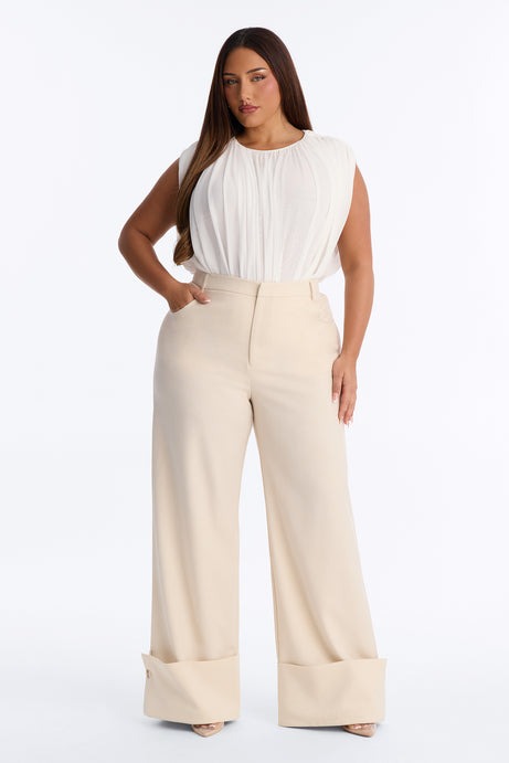 Clara High Rise Wide Leg Cuffed Trouser Pant - Stone