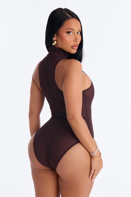 Power Mesh Turtle Neck Sleeveless Bodysuit - Chocolate