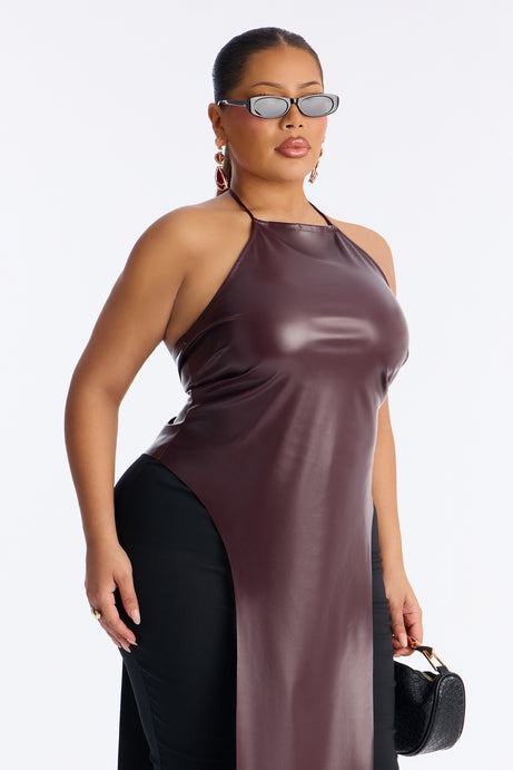Melina Long Faux Leather Halter Top - Burgundy