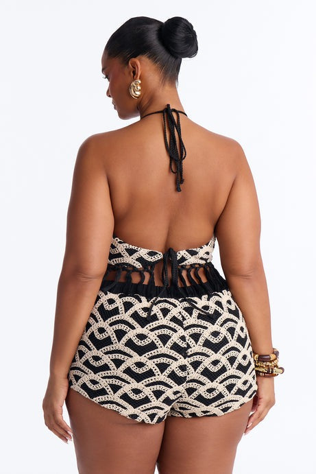 Mara Crochet Fringe Short Set - Black/White
