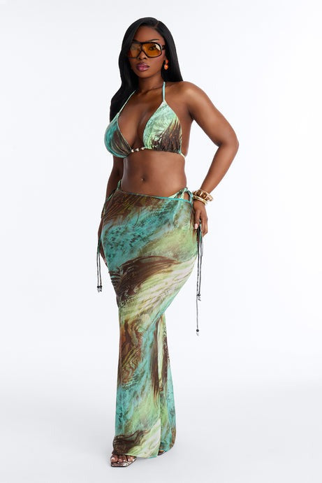 Chantel 3 Piece Bikini And Sarong Set - Green/combo