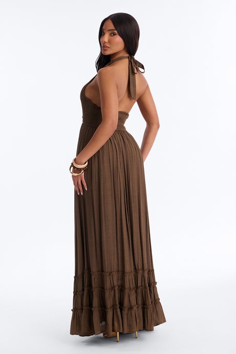 Freya Smocked Linen Maxi Dress - Chocolate