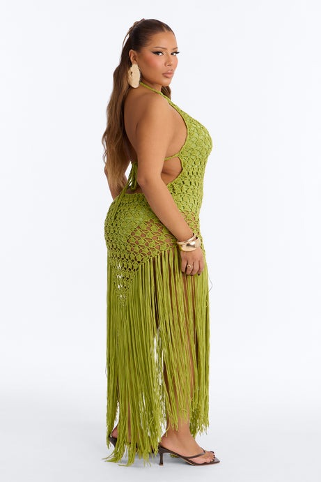 Heatwave Fringe Crochet Maxi Dress - Chartreuse