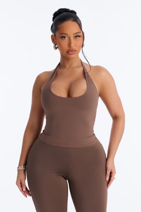 Second Skin Double Lined Twist U Neck Halter Top - Brown