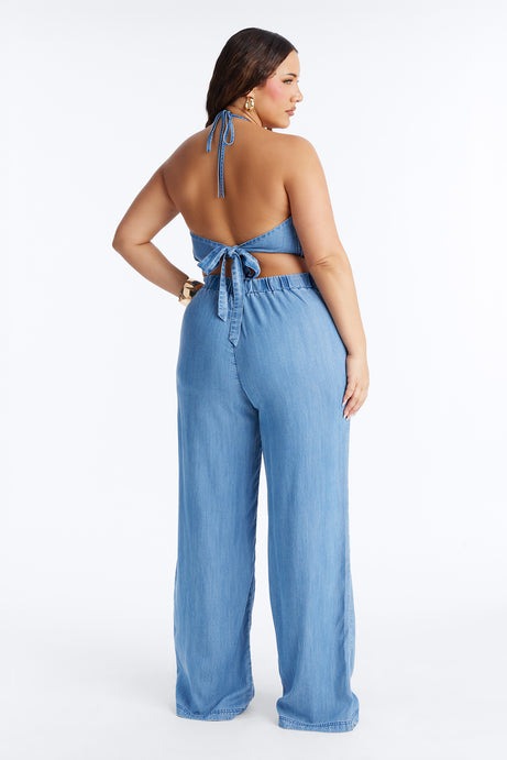 Renee Chambray Halter Pant Set - Blue