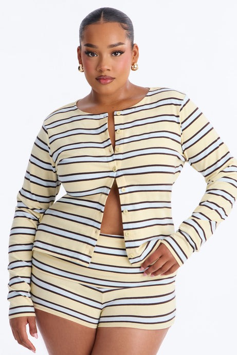 Mina Striped Button Up Knit Top - Yellow/combo