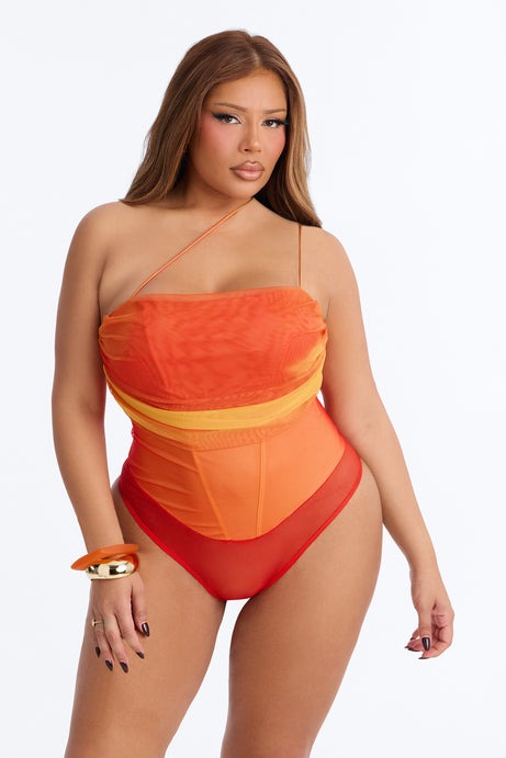 Adeline One Shoulder Mesh Bodysuit - Orange/combo