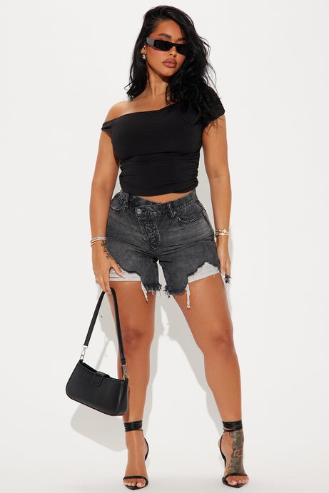 At A Glance Crossover Denim Shorts - Grey