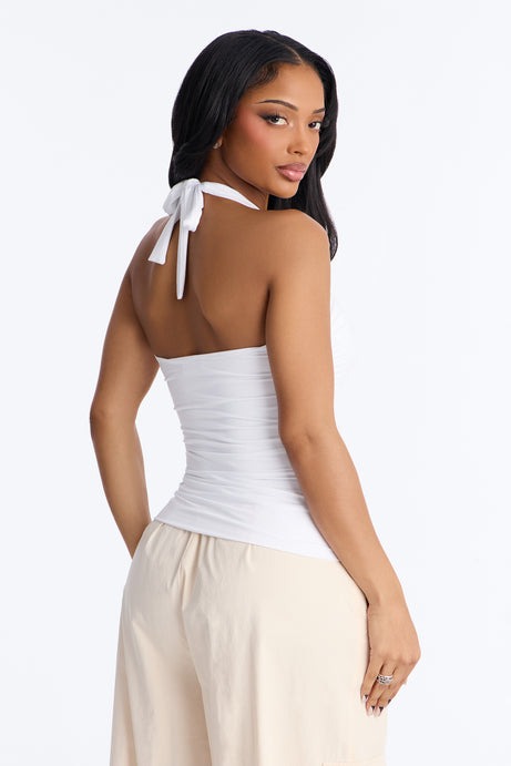 Contour Double Lined Ruched Backless Halter Top - White
