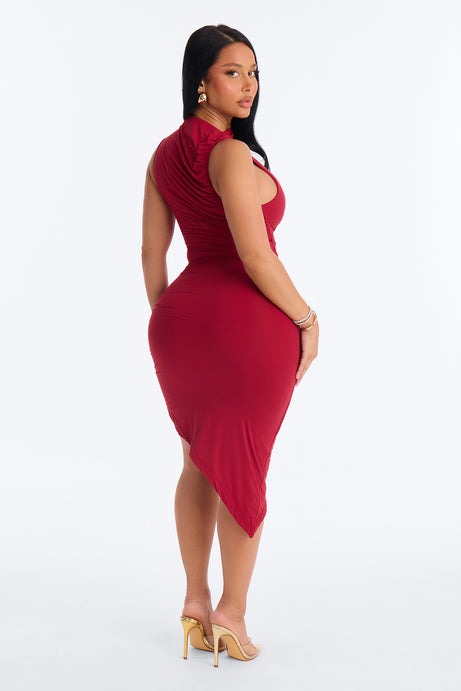 Second Skin Double Lined Ruched Slit Midi Dress - DarkRed