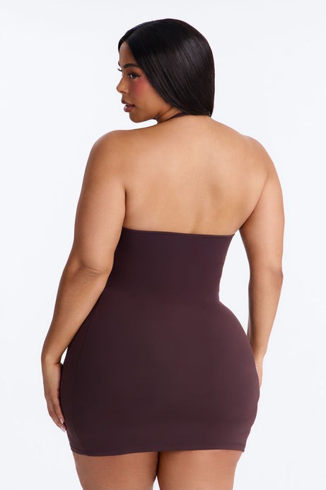 Second Skin Bra Pad Sleeveless Halter Mini Dress - Chocolate