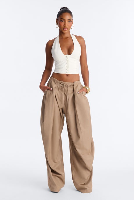 Chloe Wide Leg Stacked Pleated Trouser - Khaki