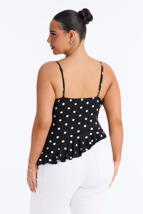 Bailey Polka Dot Asymmetrical Ruffle Top - Black/combo