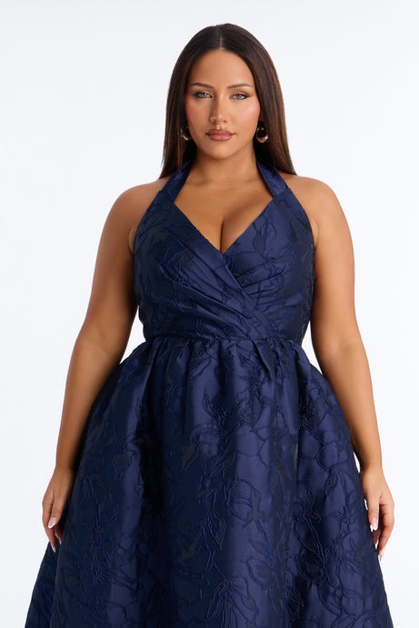 Keep You Enchanted Jacquard Halter Midi Dress - Navy