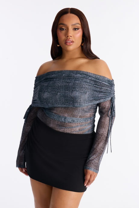 Poison Kiss Mesh Long Sleeve Ruched Bodysuit - Charcoal/combo