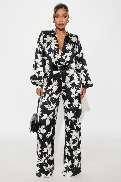 Nohely Satin Belted Jumpsuit - Black/White