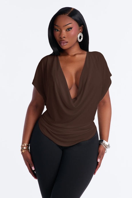 Casey Deep V-Neck Short Sleeve Top - Chocolate