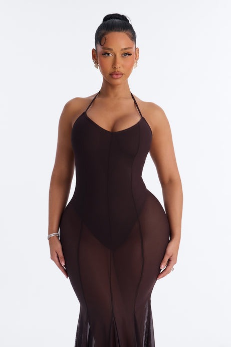 Power Mesh V Neck Halter Maxi Dress - Chocolate