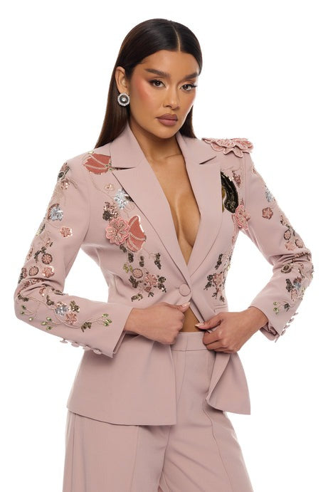 Indie Embellished Blazer Pant Set - Mauve