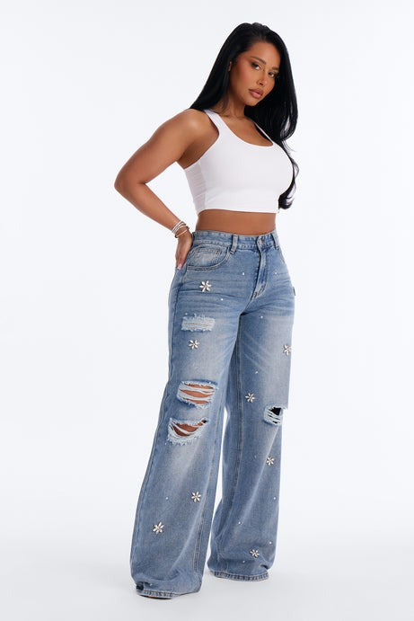 Always Delicate Floral Embellished Wide Leg Jeans - Medium Wash