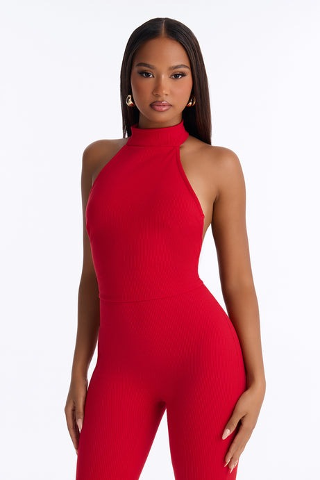 Kaila Snatched Capri Halter Jumpsuit - Red