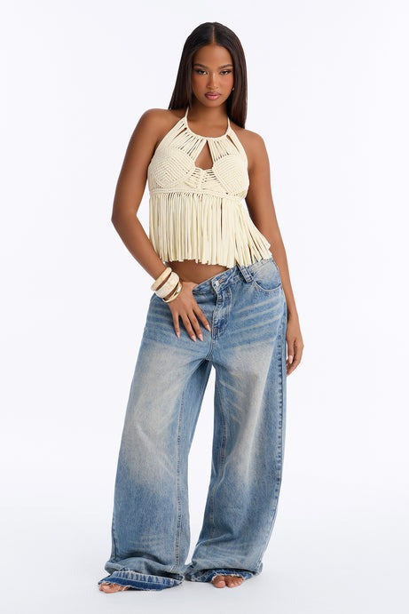 Santa Teresa Fringe Halter Top - Cream