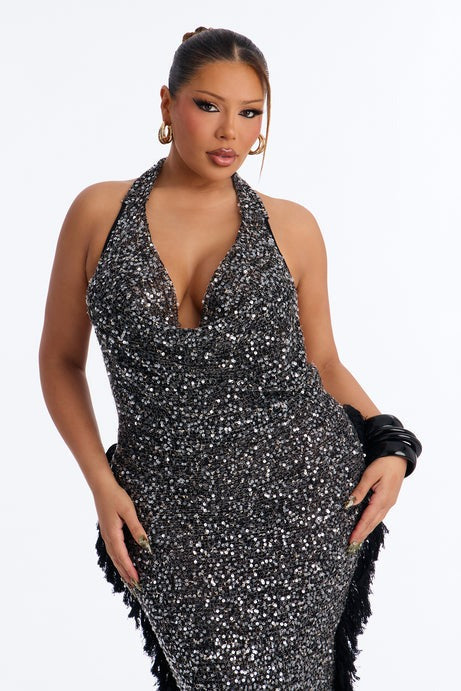 Dark Femme Fringe Sequin Maxi Dress - Black