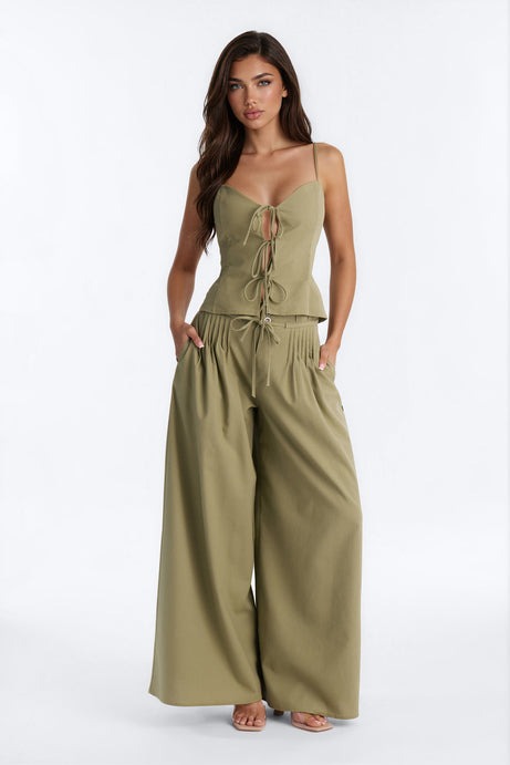 Nikki Tie Front Pleated Pant Set - Olive