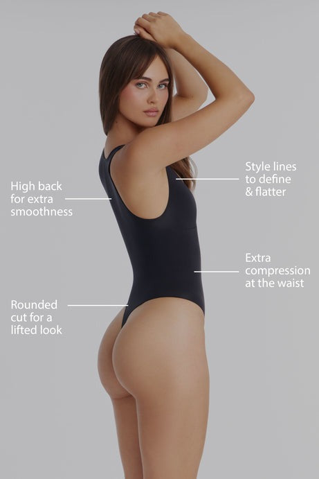 Nova Sculpt Seamless Strong Compression Scoop Neck Thong Bodysuit - Black