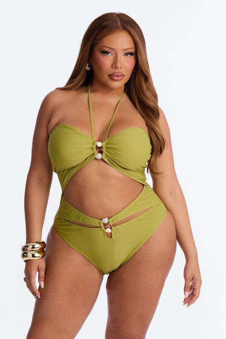 Paradise Found Cut Out Stones High Leg 1 Piece Swimsuit - Green