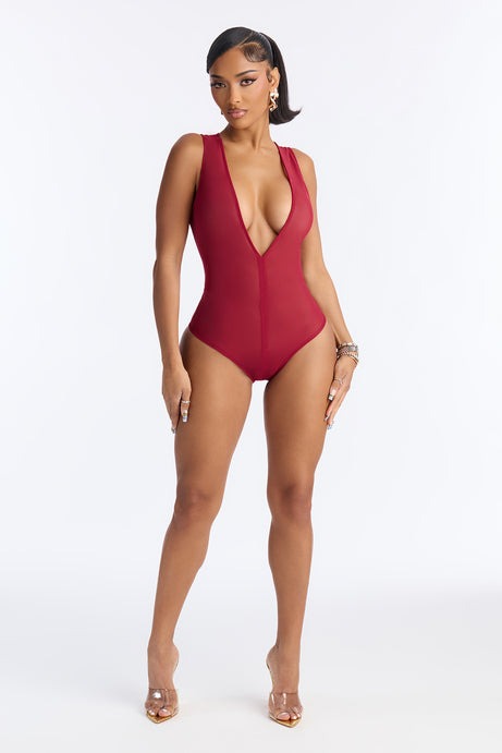 Power Mesh Deep V Neck Sleeveless Bodysuit - DarkRed