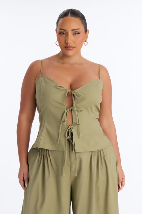 Nikki Tie Front Pleated Pant Set - Olive