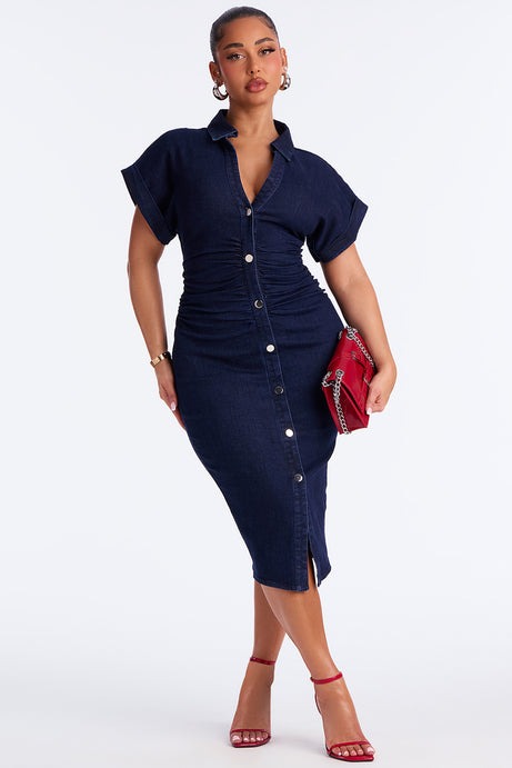 Amberly Ruched Denim Midi Dress - Dark Wash
