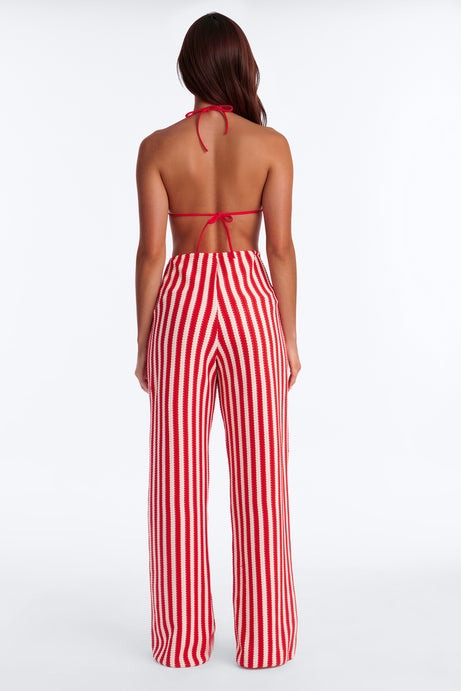 Denver Striped 3 Piece Triangle Bikini & Cover Up Pants Sunsuit - Red/combo